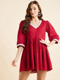 Women Maroon V-Neck Fit & Flare Mini Dress