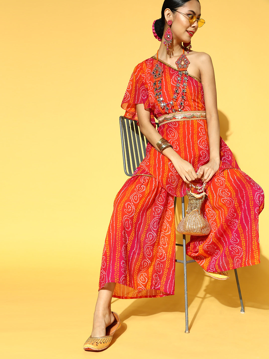 Women Orange & Pink Bandhani Printed One Shoulder Kurta & Sharara with Belt