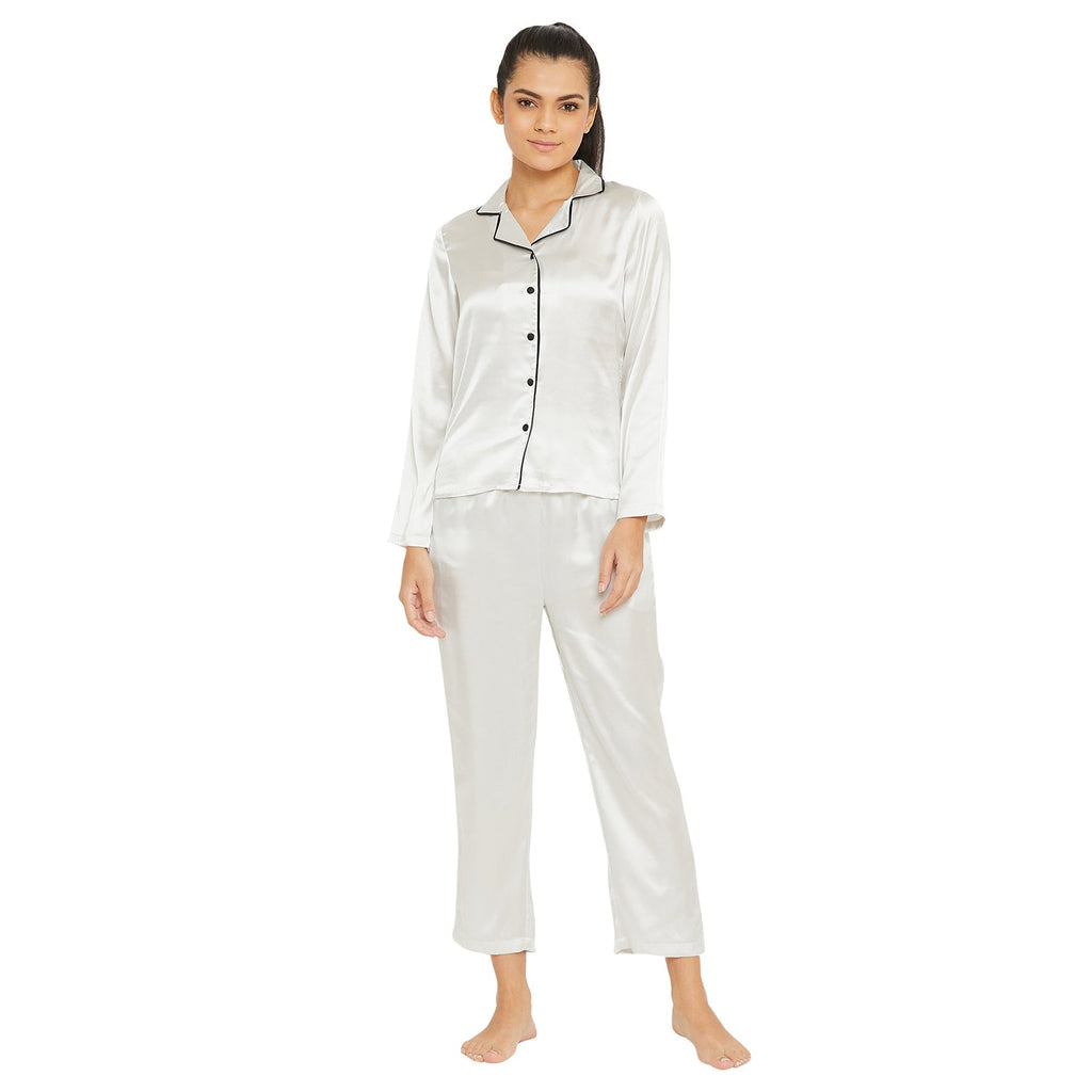 Women White Satin Finish Solid Night Suit