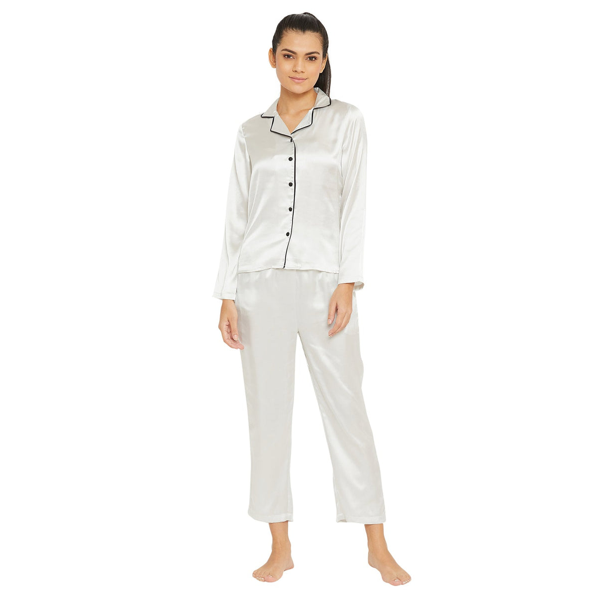 Women White Satin Finish Solid Night Suit