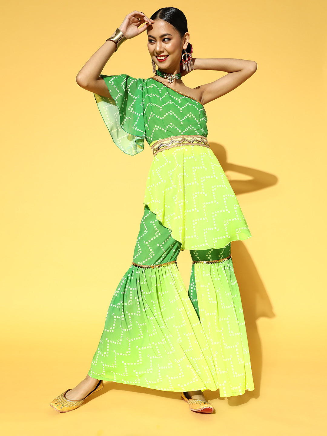 Women Green & Yellow Bandhani Printed One Shoulder Kurta & Sharara with Belt