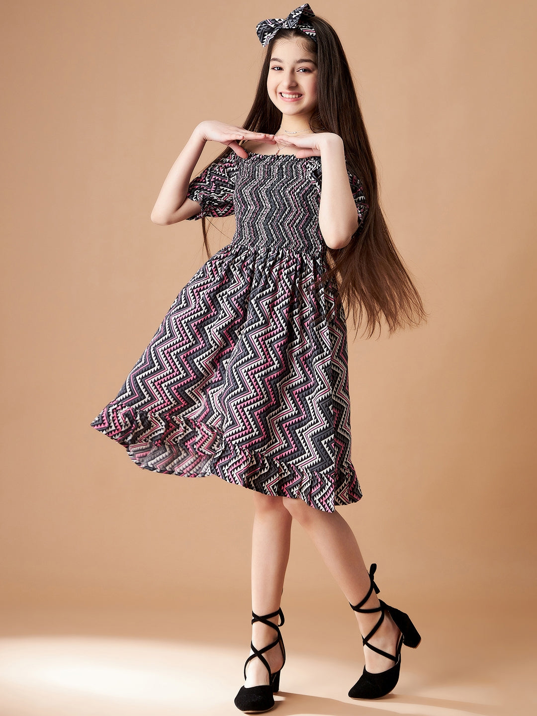 Chevron Printed Smocking A-Line Dress
