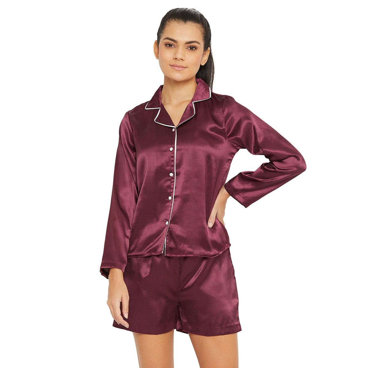 Women Wine Satin Finish Solid Night Suit