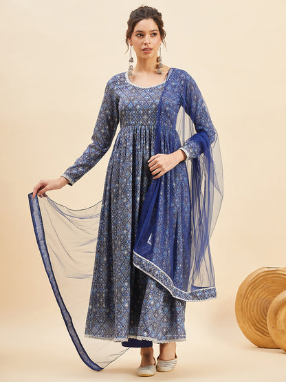 Geometric Printed Empire Anarkali Kurta With Trousers & Dupatta