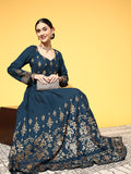Women Tranquil Teal Ethnic Motifs Swirling Volume Dress