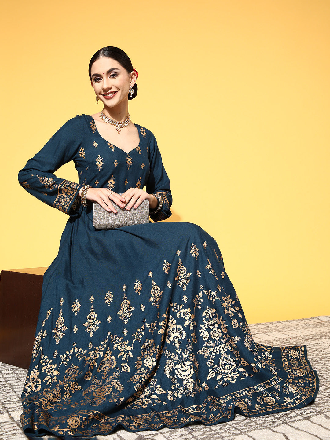 Women Tranquil Teal Ethnic Motifs Swirling Volume Dress