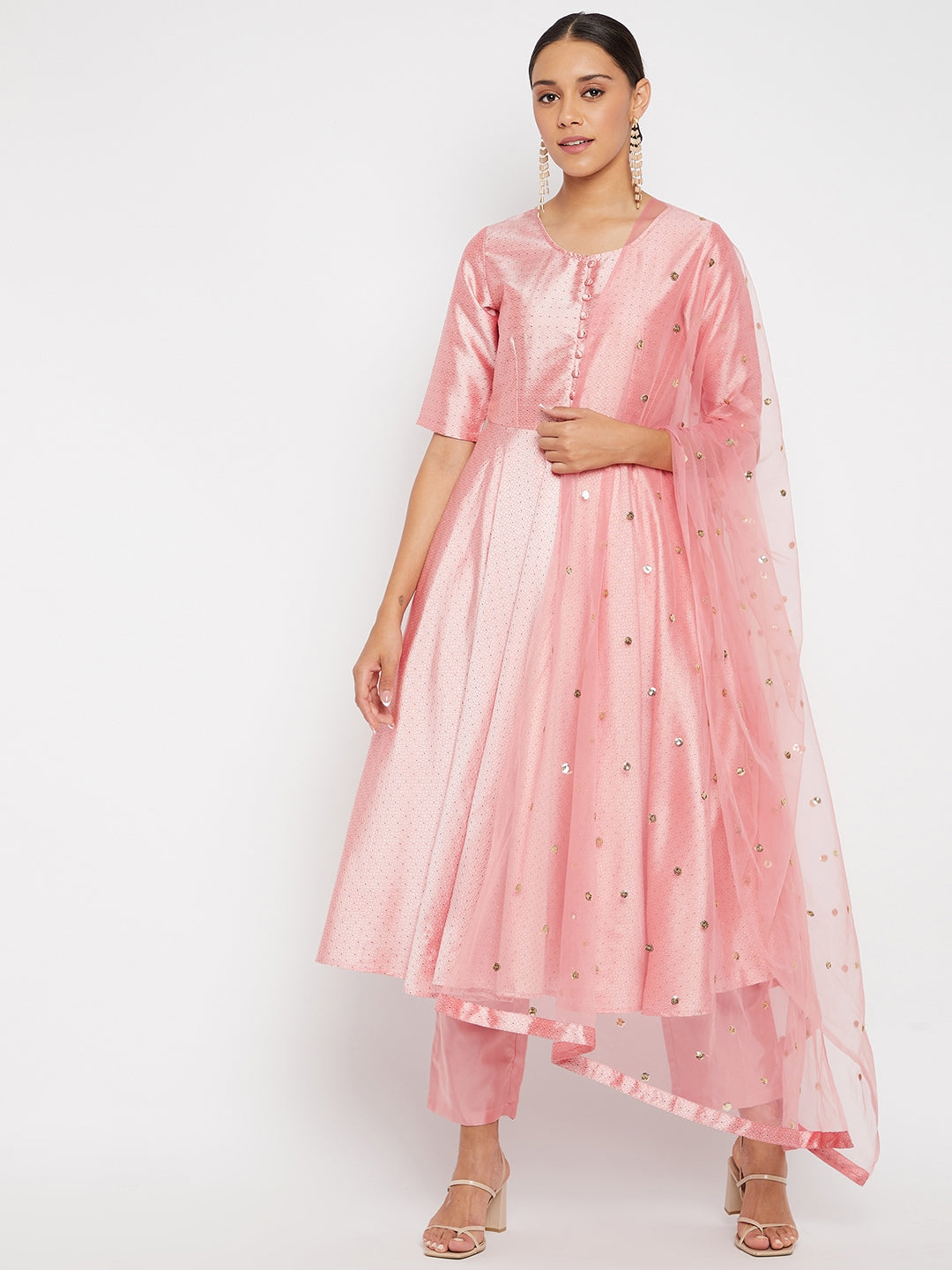 Women Rose Gold Pleated Golden Thread Work Kurta Set With Trouser And Dupatta