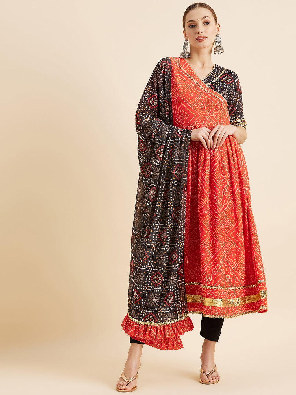 Bandhani Printed Angrakha Gotta Patti Kurta With Trousers & Dupatta