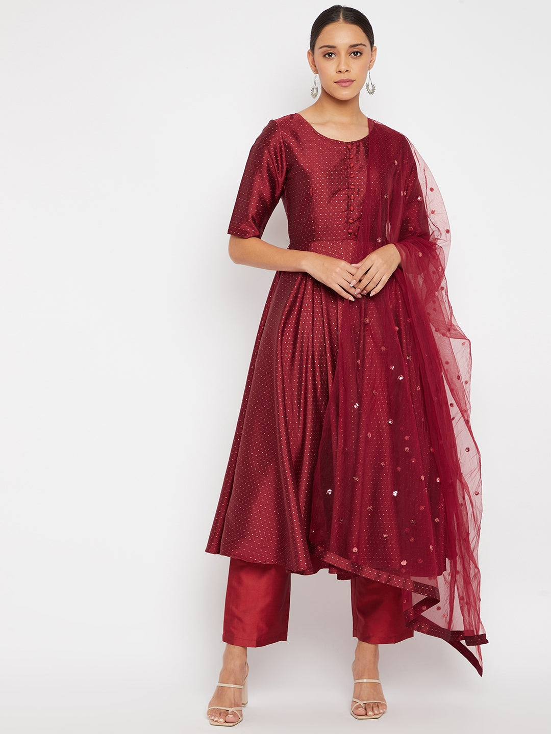Women Maroon Pleated Golden Thread Work Kurta Set With Trouser And Dupatta