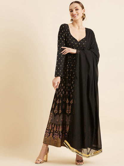 Printed Sweetheart Neck Maxi Ethnic Dress With Dupatta