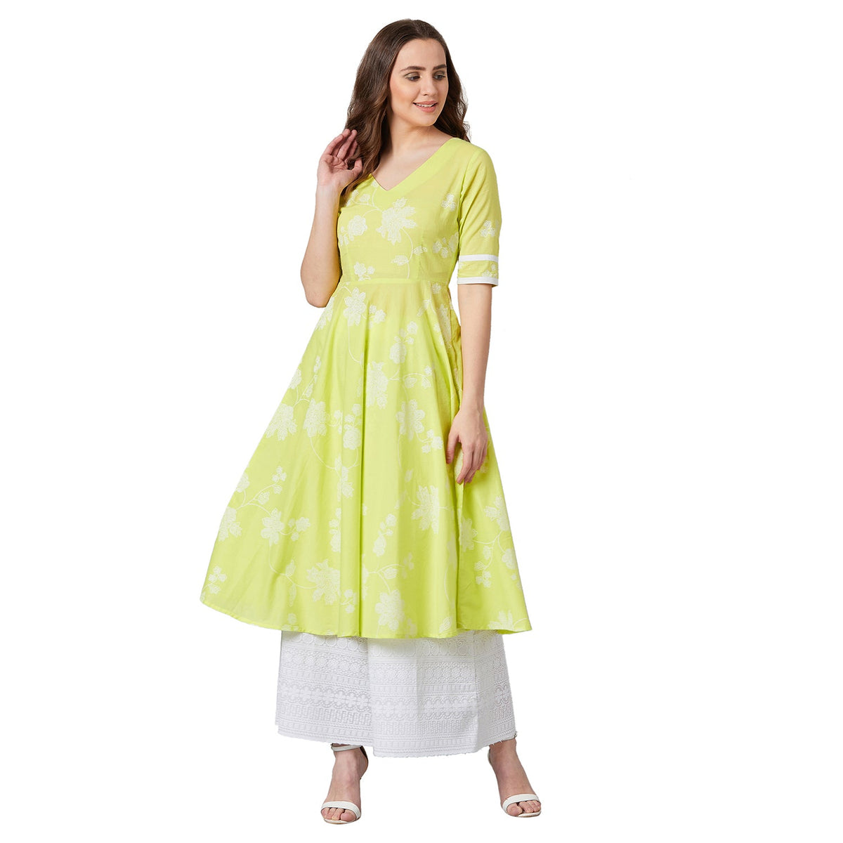 Women Lime Green & White Printed Anarkali Kurta