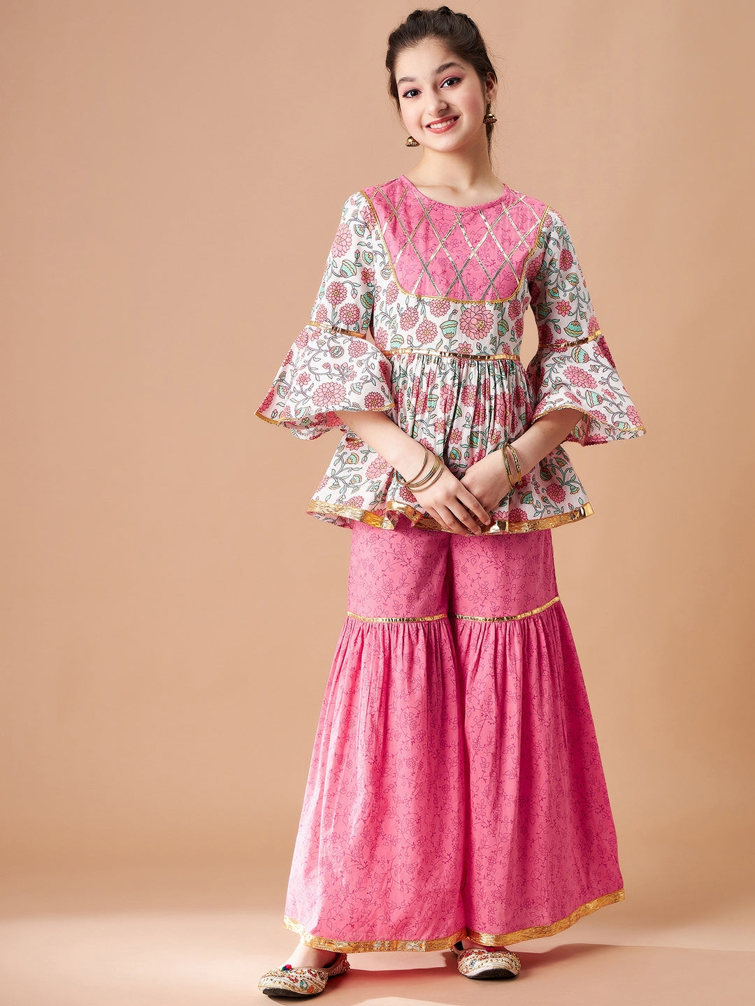 Girls Floral Printed Empire Gotta Patti Pure Cotton Kurti with Sharara
