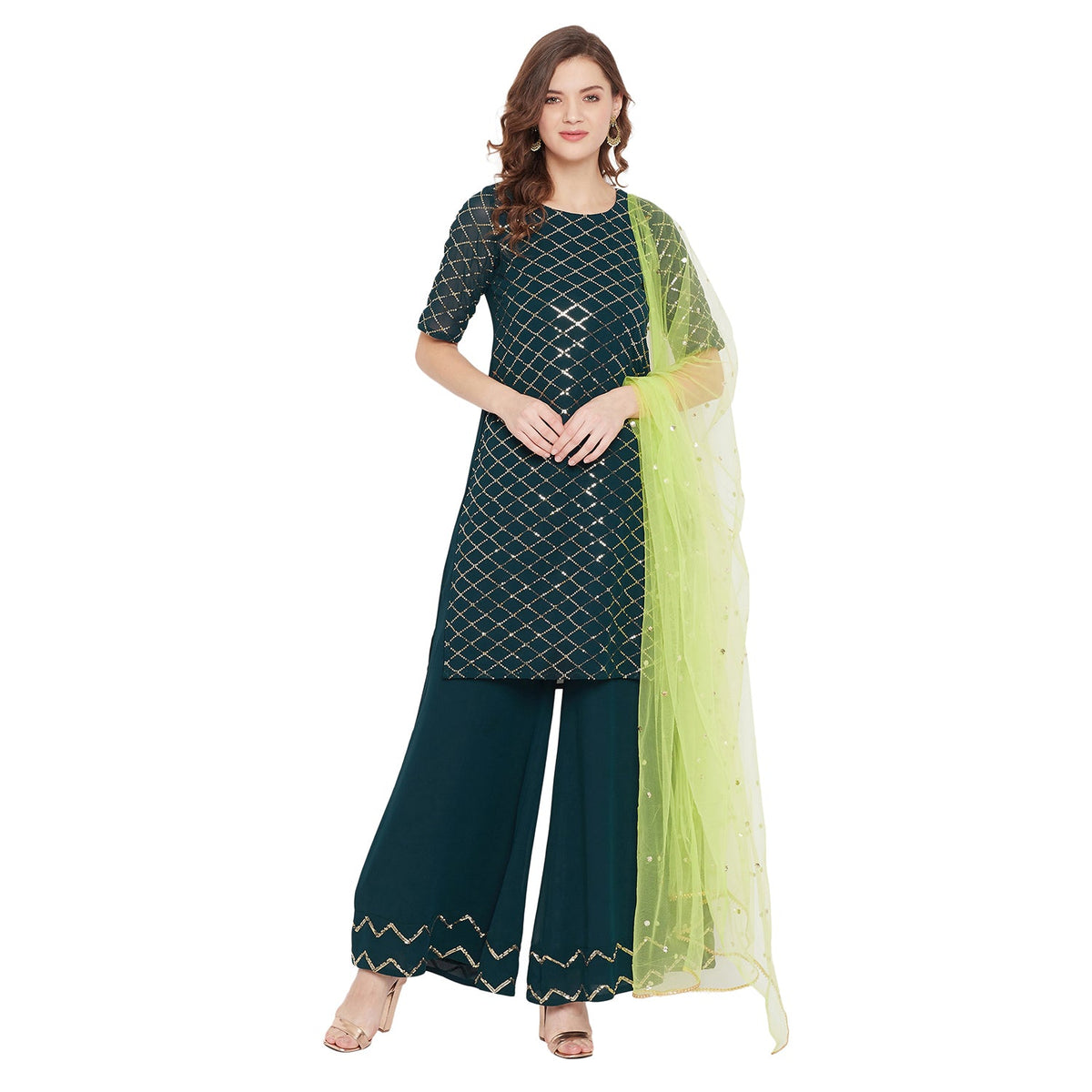 Dark green jaal embroidered kurta and sharara with lime green dupatta