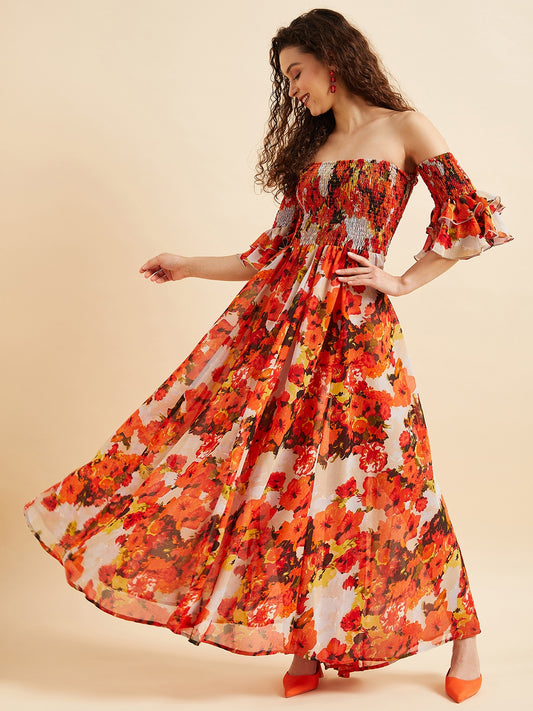 Floral Off-Shoulder Smocked Georgette Maxi Dress