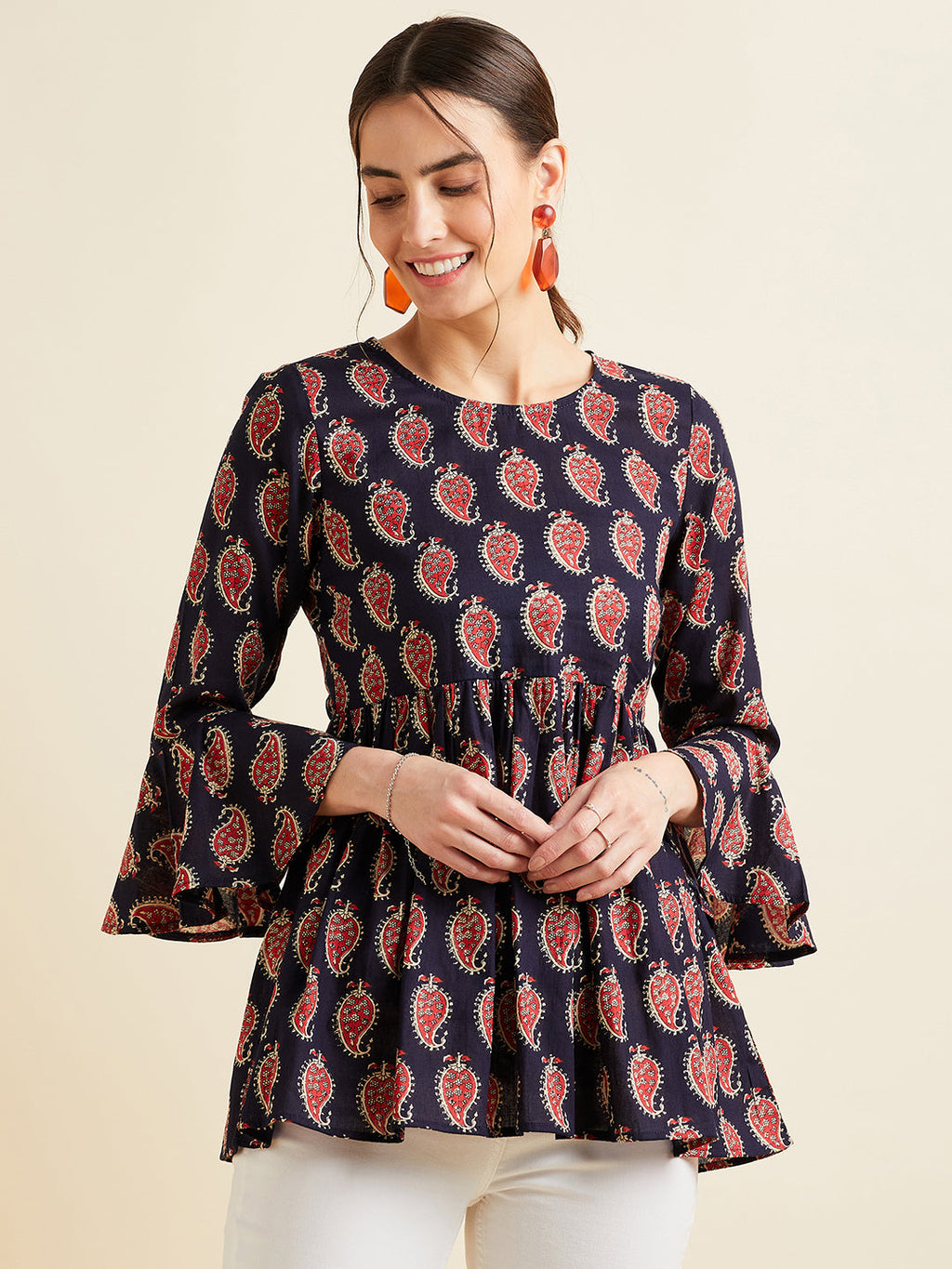 Paisley Printed Bell Sleeves Pleated A-Line Kurti
