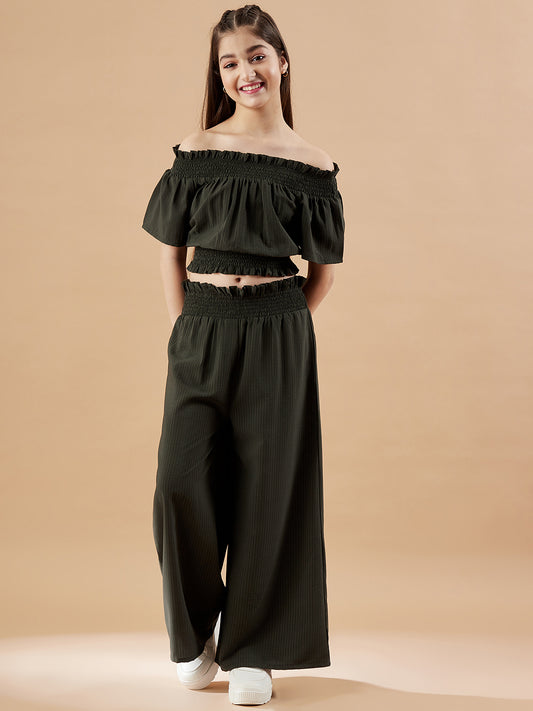 Girls Off-Shoulder Olive Top with Trousers