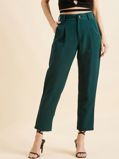 Green Relaxed Straight Fit High-Rise Pleated Formal Trousers