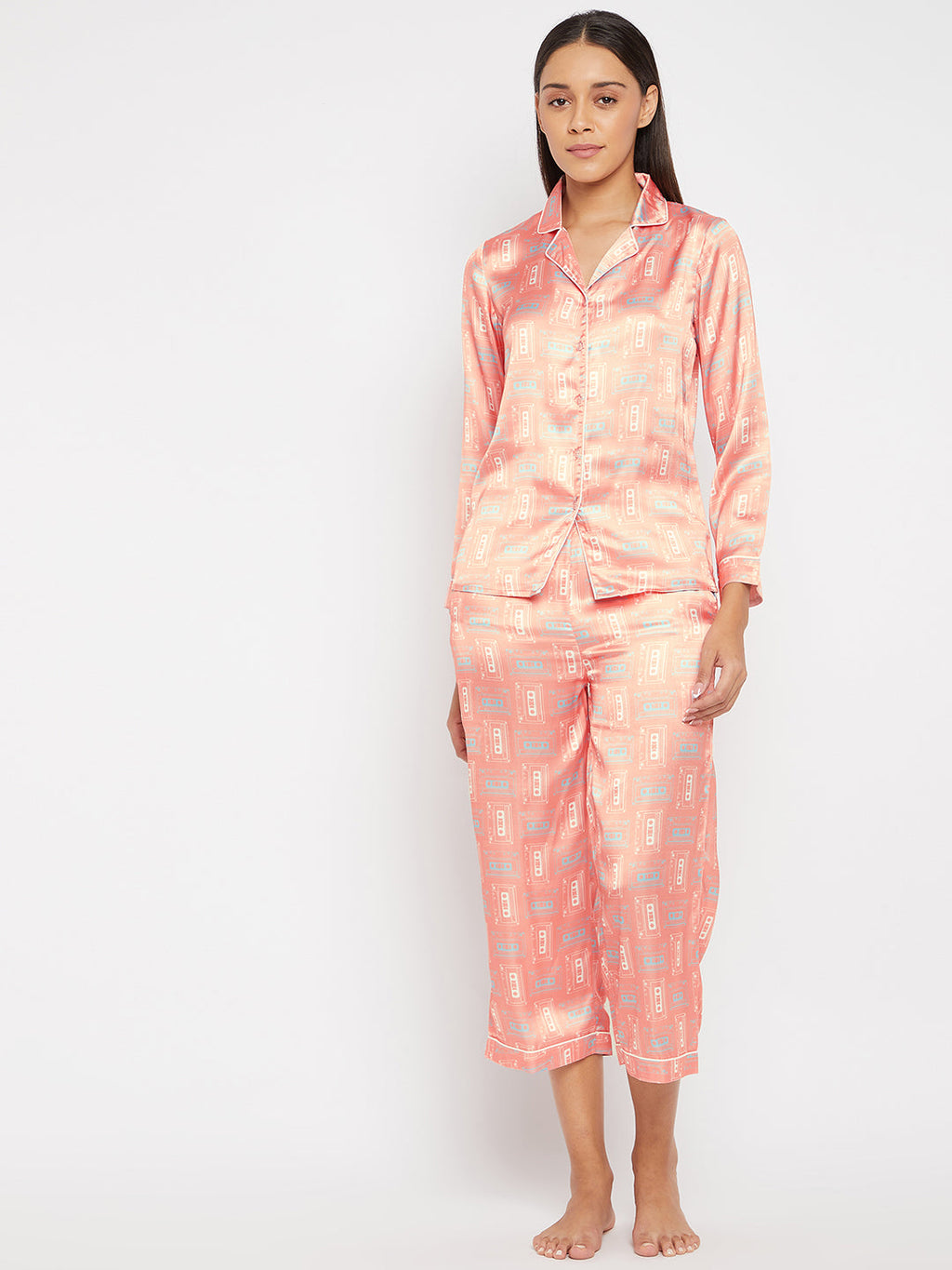 Women Pink & Beige Printed Night suit