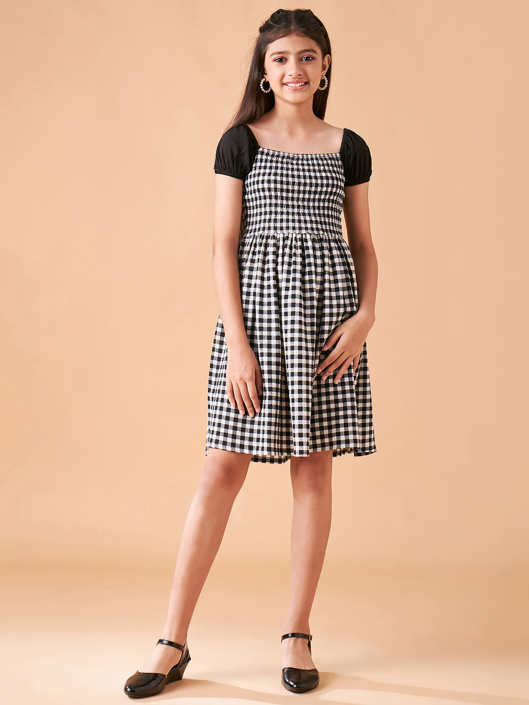 Girls Checked Puff Seeves Fit & Flare Dress