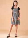 Girls Checked Puff Seeves Fit & Flare Dress