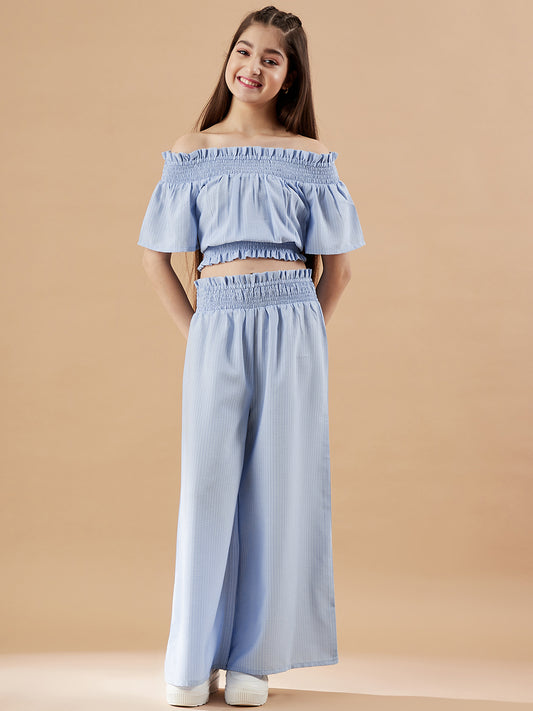 Girls Off-Shoulder Blue Top with Trousers