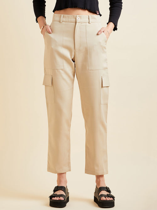 Beige Smart Slim Fit Wrinkle Free Cargo Trousers