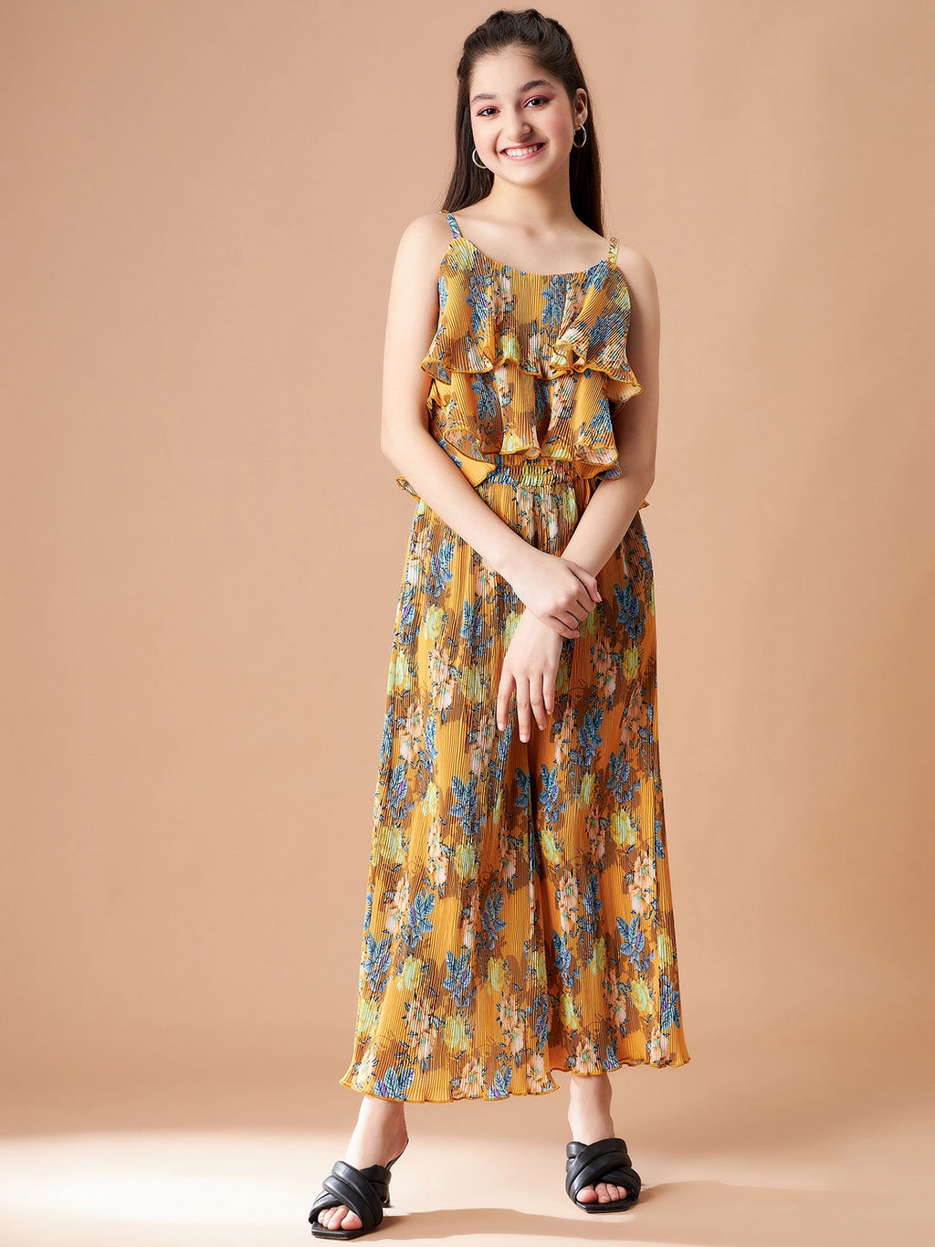 Girls Yellow Floral Printed Top with Trousers