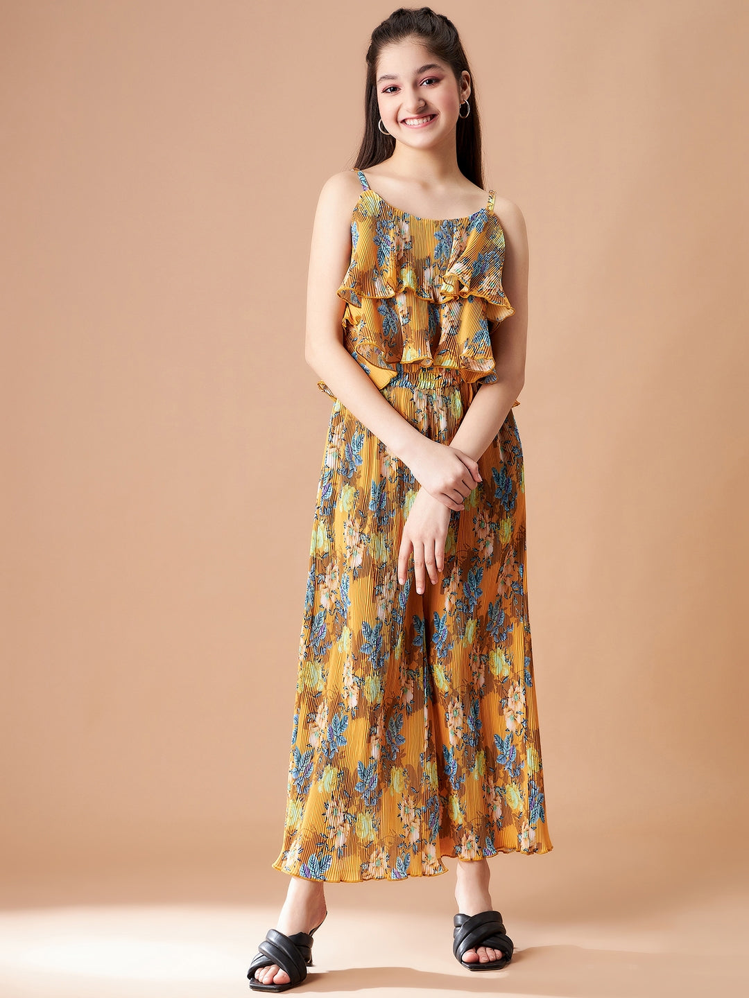 Girls Yellow Floral Printed Top with Trousers