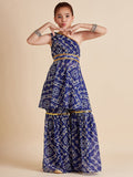 Girls Blue Bandhani Printed Empire Gotta Patti Kurta with Sharara
