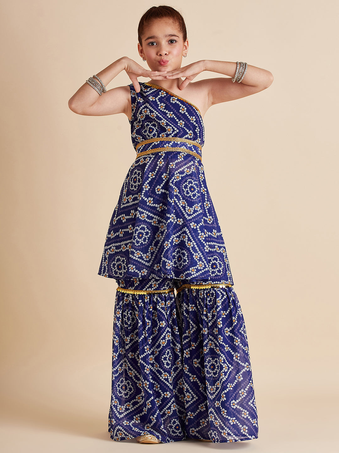 Girls Blue Bandhani Printed Empire Gotta Patti Kurta with Sharara