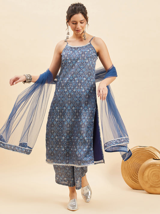 Geometric Printed Shoulder Straps Straight Kurta With Palazzo & Dupatta