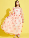Girl Cream-Coloured leaf printed Maxi Dress