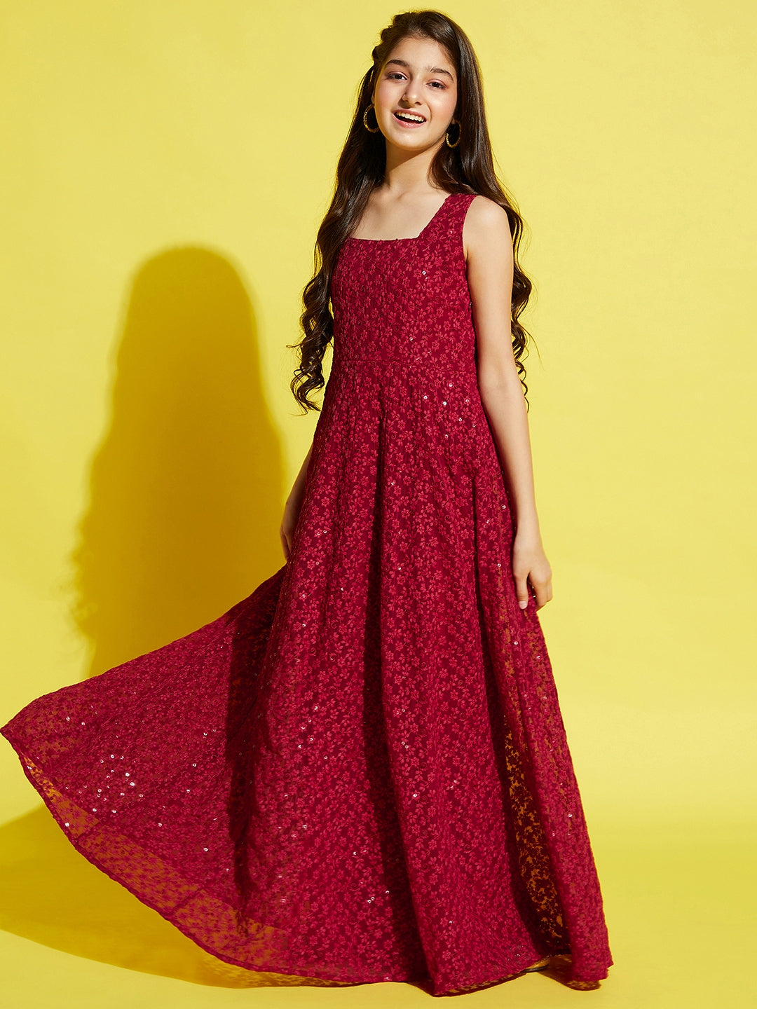 Maroon Floral Embroidered Ethnic Maxi Dress