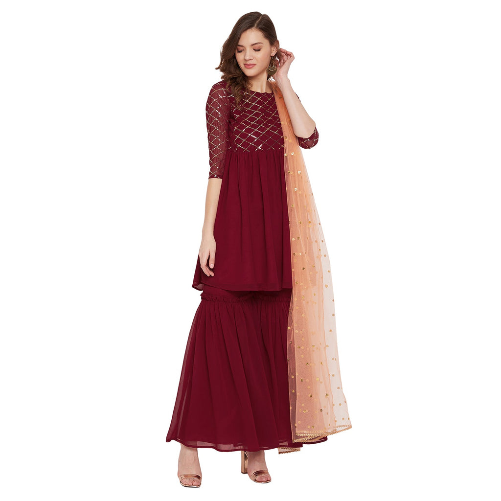 Maronn yoke and sleeve jaal embroidered sharara set with peach dupatta
