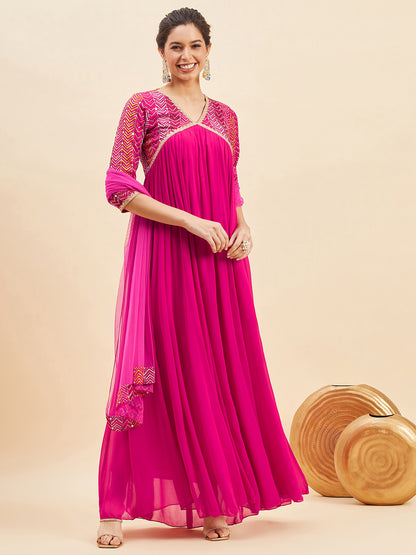 Sequinned Embellished Empire Maxi Ethnic Dress With Dupatta