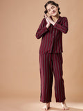 Girls Maroon Striped Cotton Night Suit Set