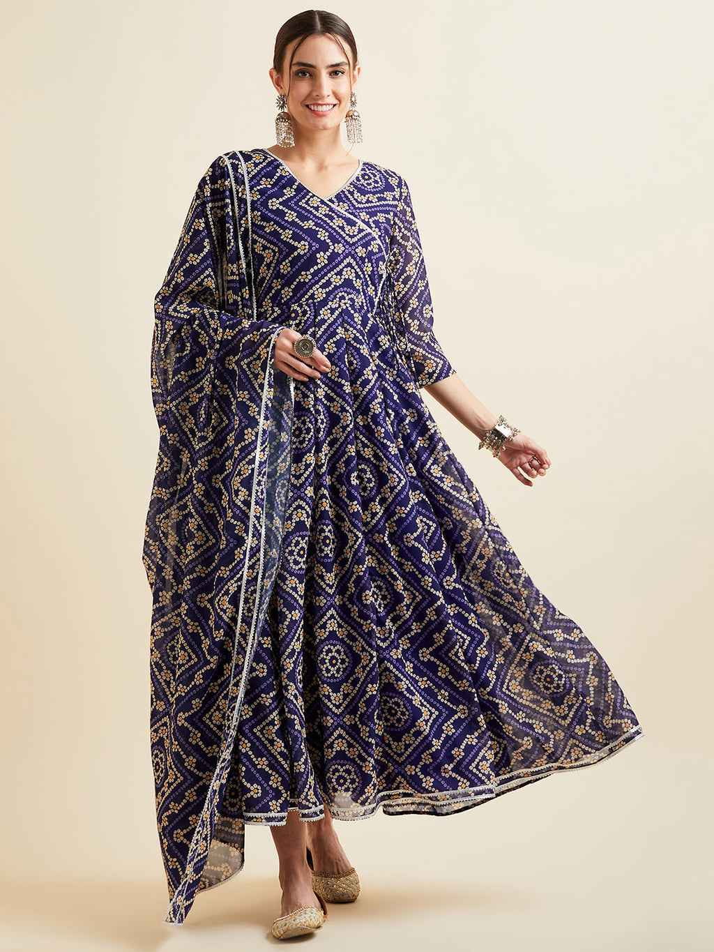 Bandhani Printed Georgette Angrakha Ethnic Dress With Dupatta
