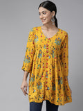 PANIT Women Yellow  Black Tribal Printed Pleated Kurti