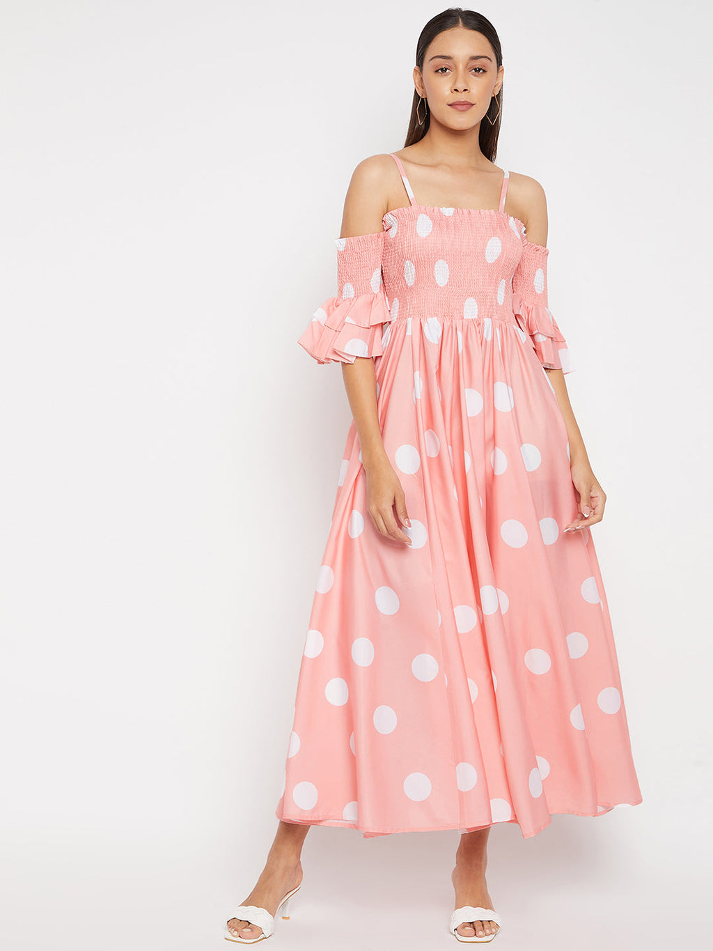 Women Pink Base and White Polka Dot Printed Maxi Dress