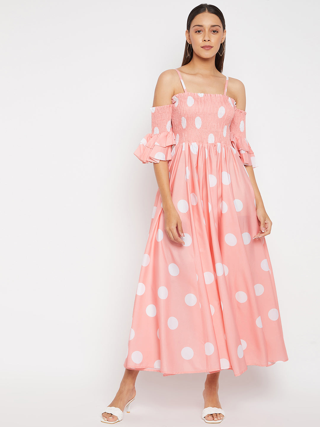 Women Pink Base and White Polka Dot Printed Maxi Dress