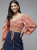 PANIT Peach-Coloured  Yellow Floral Print Sweetheart Neck Pure Cotton Blouson Crop Top