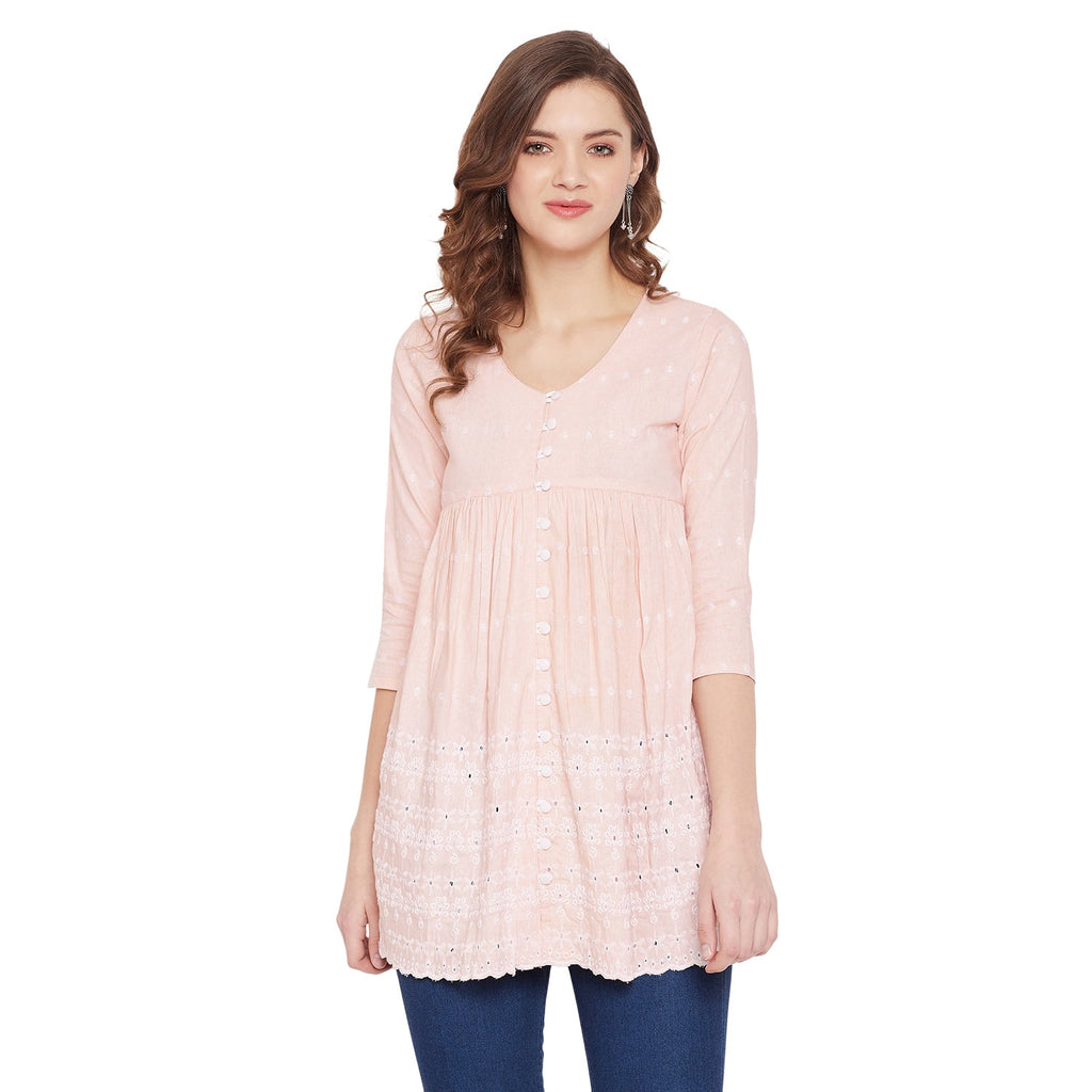 Women Peach Schiffli A-Line Flared Top