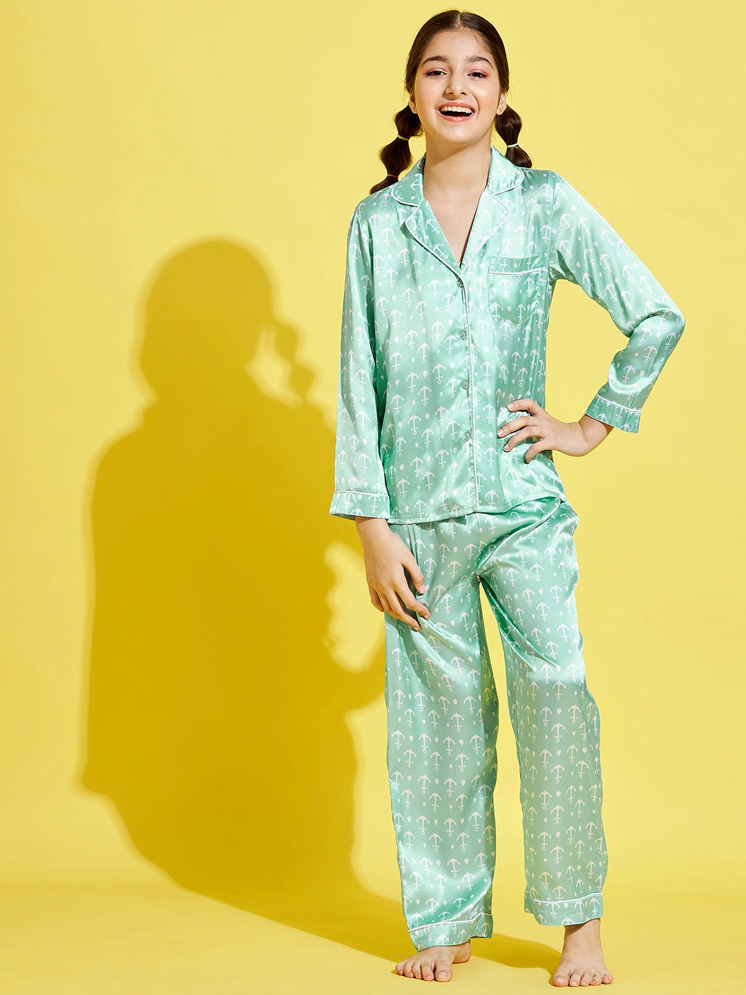 Cherry Jerry Girls Turquoise Blue Printed Nightsuit