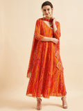 Bandhani Printed V-Neck Anarkali Ethnic Maxi Dress With Dupatta