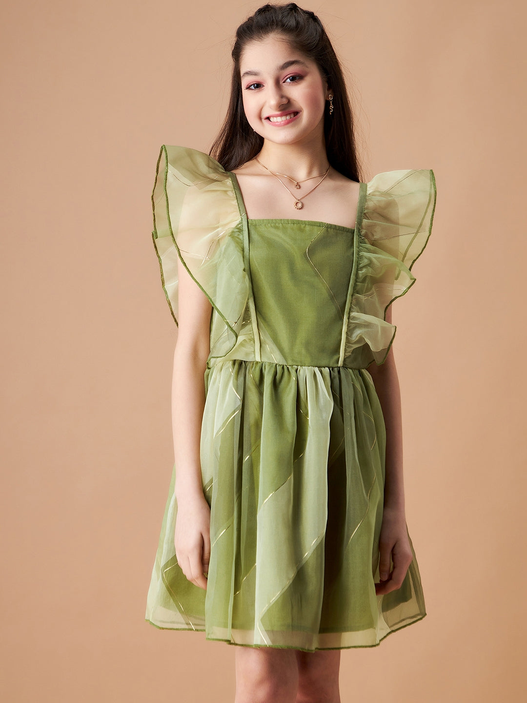 Girls Flutter Sleeve Ruffled Fit & Flare Dress