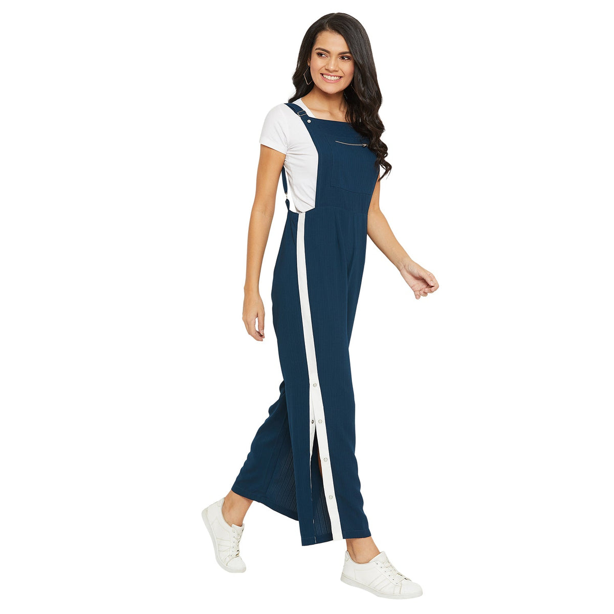 Teal solid dungarees with side stripes detail