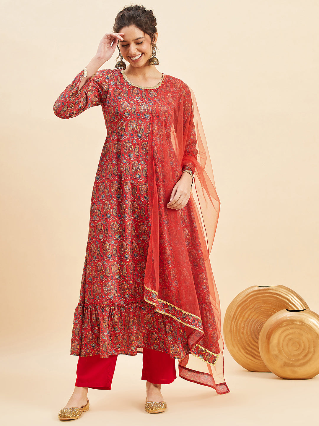 Floral Printed Empire Anarkali Kurta With Trousers & Dupatta