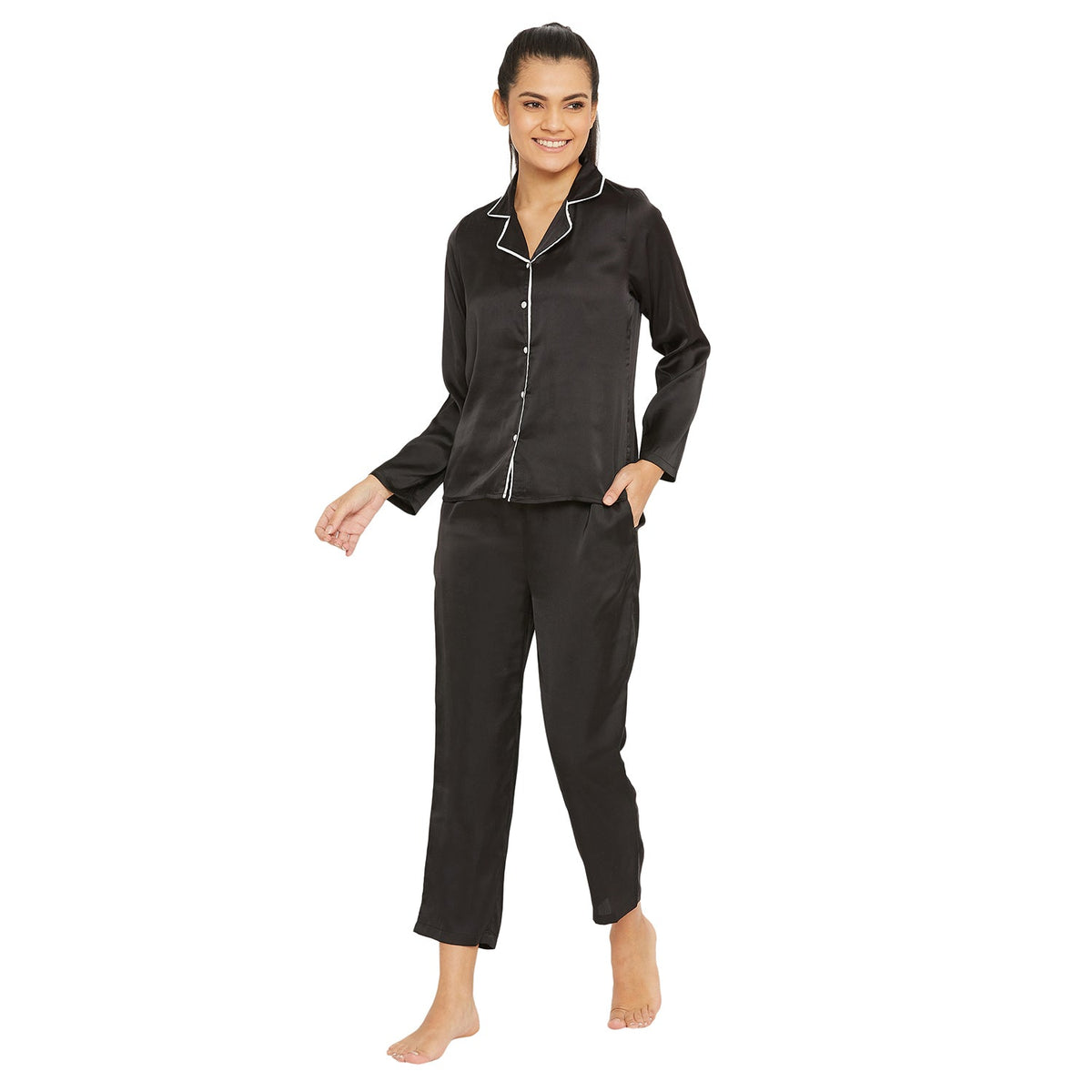 Women Black Satin Finish Solid Night Suit