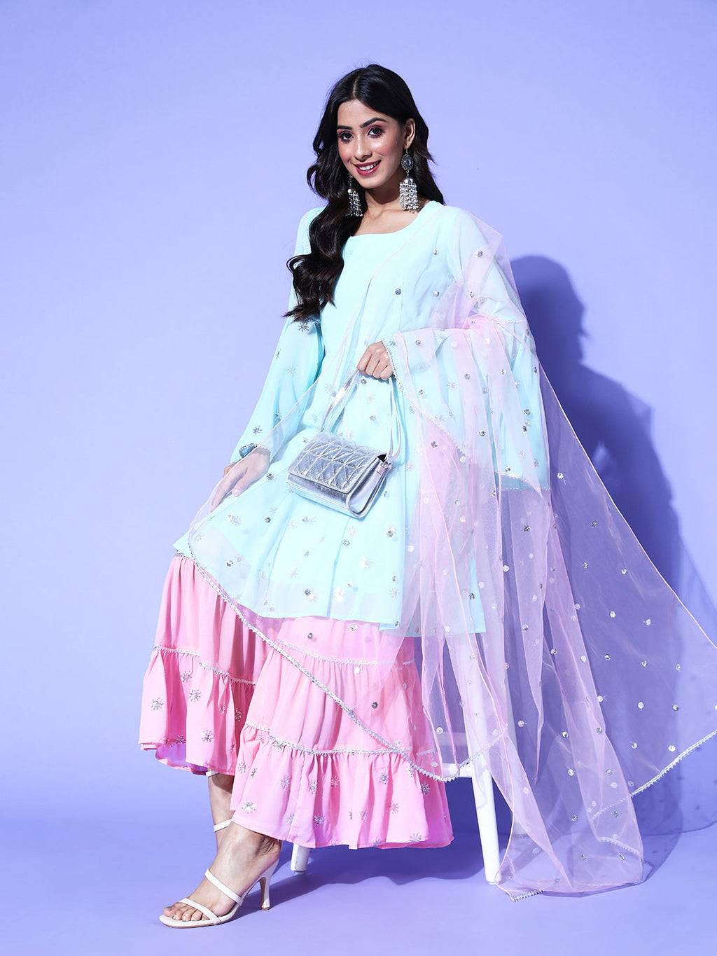 Embroidered baby blue kurta and baby pink sharara with matching embroidered dupatta