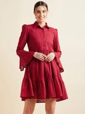 Women Maroon Shirt Collar Bell Sleeve Ruffled Schiffli Cotton A-line Dress